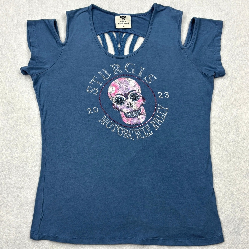 Sturgis 2023 Shirt Womens Large Blue Vance Biker Wear Rhinestone Skull Lace Back
